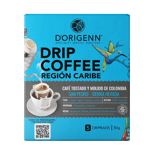 DRIP COFFEE DORIGENN CARIBE 50 GRM D-ORIGENN CAJA x 1 Una práctica manera de preparar tu café de especialidad en casa, por medio del método de goteo puedes degustar tu café individual con tan solo colocar tu Drip en tu taza, añadir agua caliente a punto 