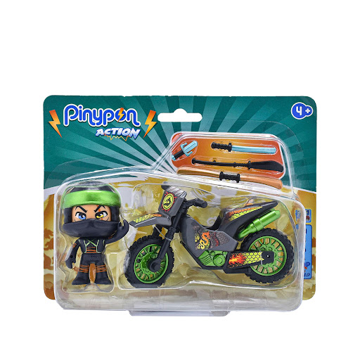 Figura Pinypon Action Ninja con Moto Pinypon Caja x 1 Con la serie Pinypon Action descubre las aventuras Ninja y deja que empiece la acción. Esta figura Ninja Demon incluye una moto decorada a juego con su traje. Tiene cara doble de ninja y demonio, cuer