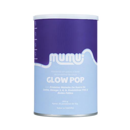 Glow Pop 500 gr Mumu Tarro x 500 gr Una mezcla completa de Omega 3, 6 y 9, Ácido Fólico, Vitaminas del complejo B, Zinc y Hierro, pensada para: 
- Apoyar el desarrollo de tu bebé desde el vientre. 
- Favorecer la producción de leche mat