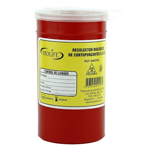 RECOLECTOR CORTOPUNZANTE 300 ML GUARDIAN (PAQ X3) Guardian 3UND x 3 Contenedor diseñado para la recolección segura de elementos cortopunzantes, como agujas, bisturís y lancetas. Fabricado en polipropileno de alta densidad, su estructura rígida y resistente evita perfo