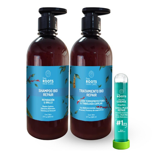Kit Reparación Revitalizante DEEP ROOTS LIQUIDO x 1 Reparación intensiva para cabellos maltratados, decolorados o con procesos químicos. Este kit hidrata profundamente, fortalece la fibra capilar y ayuda a recuperar un cabello más sano, suave y resiste
