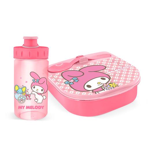 Set Contenedor Tixe + Botella  Poxe My Melody WANTU CAJA x 2 Set Lonchera My Melody, incluye Contenedor con Cuchara y Botella 11 onzas