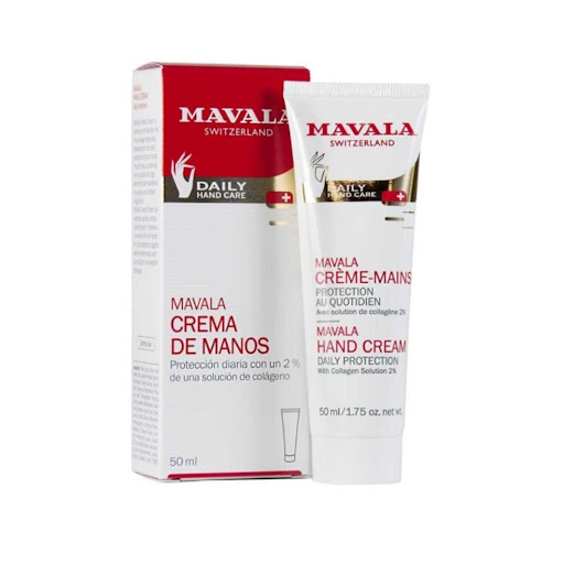 MAVALA CREMA DE MANOS 50 ML MAVALA MAVALA HAND CREAM A MAINS 50 ML x 50 ML La CREMA DE MANOS MAVALA está especialmente formulada para manos secas, dañadas o simplemente para aquellas que quieren protección. Esta crema se compone de una mezcla de colágeno marino, muy hidratan
