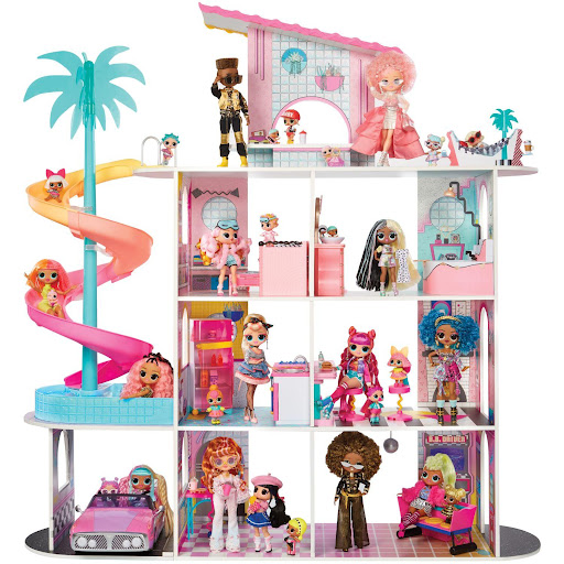 Playset LOL Surprise Casa Fashion O.M.G. Con Más de 85 Sorpresas LOL Caja x 85 ĦDescubre la magia de la moda con el Playset Casa Fashion O.M.G. de L.O.L. Surprise!Este increíble set incluye una casa de muñecas de madera real con 4 pisos y 9 áreas de juego, como una sala de estar