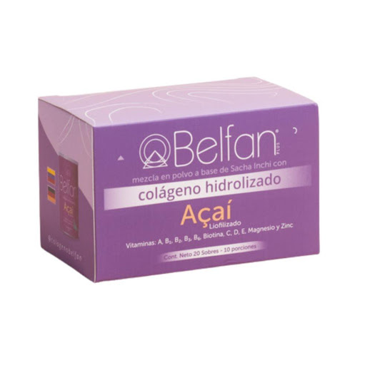 Colágeno Hidrolizado Caja Açaí x 20 Sobres Belfan Sobres x 20 Si quieres mejorar el aspecto de tu piel y subir defensas.. esta es la mejor opción para ti...

Mezcla funcional de Sacha Inchi, péptidos de colágeno hidrolizado y trozos de Açaí Liofilizado adicionad