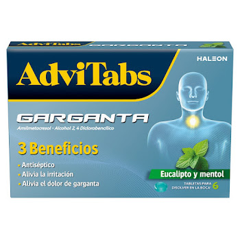 AdviTabs Amilmetacresol/Alcohol 2,4 Diclorobencílico Haleon Sabor Eucalipto Mentol Caja x 6 Tabletas para Disolver  