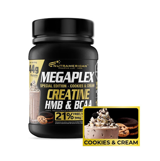 Megaplex Creatine Power 2 lb Cookies and Cream Proteina Hipercalorica + Creatina NUTRAMERICANPHARMA Bolsa x 2.43 Lb (1100g) Megaplex Creatine Power, es la mejor proteína de suero hipercalórica que incluye en su innovadora fórmula 3000 mg de Creatina, 500 mg HMB, BCAA, 44 g de proteína, 1050 calorías por porción y fuentes d