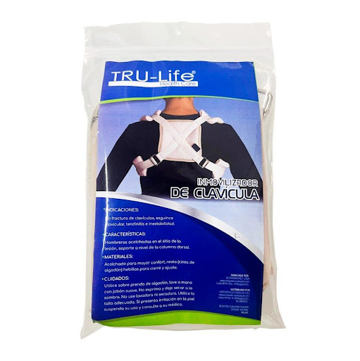 INMOVILIZADOR DE CLAVÍCULA TALLA L TRULIFE BOLSA x 1 Elaborado en espuma forrado con estoquineta para suavidad y confort en el sitio de la lesión. Soporte a nivel de la columna dorsal oir medio de reatas y hebillas.