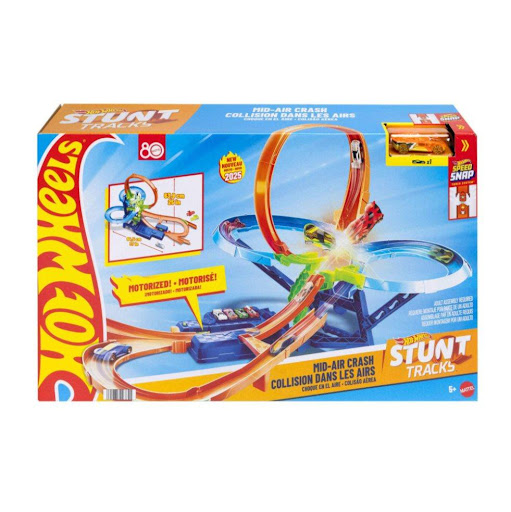 Hot Wheels Pista Stunt Tracks Multi-choque Aéreo Hot Wheels  x 1 Está diseñada para realizar acrobacias espectaculares. Incluye lanzadores, loops y zonas de choque que permiten a los vehículos realizar saltos y colisiones impresionantes.