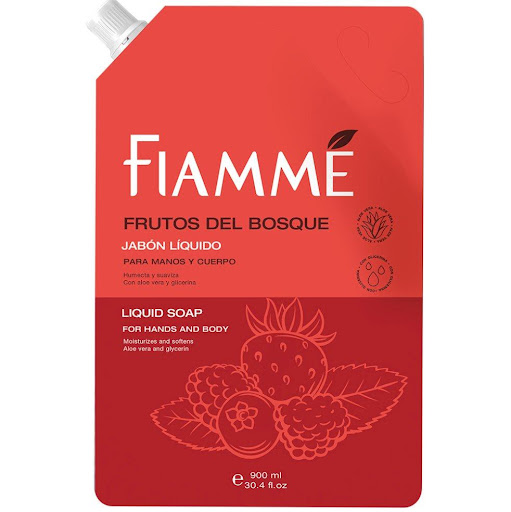 Jabón frutos del bosque x900ml Fiamme 900 x 1 Jabón para manos y cuerpo. Contiene extracto de avena que es rica en proteínas para revitalizar y nutrir, contiene emolientes que humectan y suavizan la piel más vitamina E que evita la resequedad.