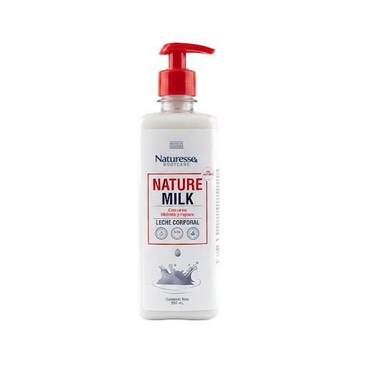 Naturemilk leche corporal x 500ml Naturesse botella x 1 Naturemilk es una crema humectante con urea que brinda hidratación intensiva y ayuda a mejorar la textura de la piel seca. Suaviza zonas ásperas, reduce la resequedad y se absorbe rápidamente sin deja