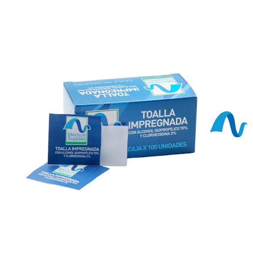 Toallas de alcohol y Clorexidina caja x100 und  Medical Supplies  Caja x 100 und  x 100 Toallas antisépticas impregnadas con alcohol y clorhexidina, diseñadas para la limpieza y desinfección de la piel antes de procedimientos. Presentación individual, prácticas y listas para usar. Ideale