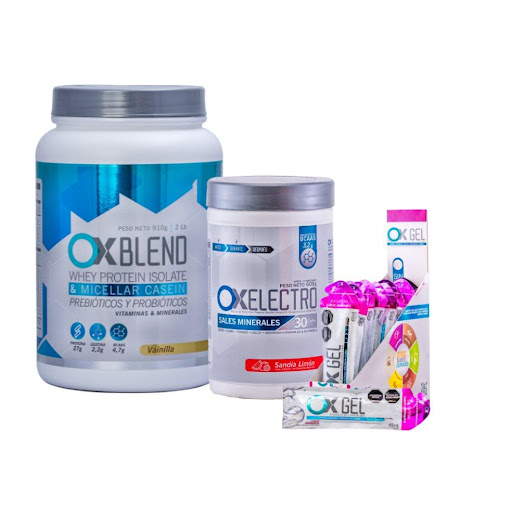 Combo Proteína+ Hidratante + Gel energético Ox Blend Vainilla, Ox Electro Sandia limón, Ox Gel Arandanos sin Cafeina Ox Sports Nutrition Envase plástico, Sachet x 3 Proteína Ox Blend 

Recuperación rápida y efectiva
27 g de proteína (90 % whey isolate + caseína) + 4,7 g de BCAAs → repara microdesgarros, acelera la regeneración muscular y te prepara para volver a 