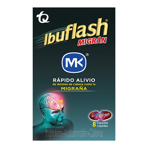 Ibuflash Migran Ibuprofeno +  Acetaminofén + Cafeína 400mg/250mg/65mg MK Caja x 8 Cápsulas
