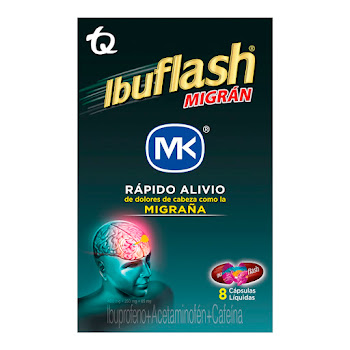 Ibuflash Migran Ibuprofeno +  Acetaminofén + Cafeína 400mg/250mg/65mg MK Caja x 8 Cápsulas  