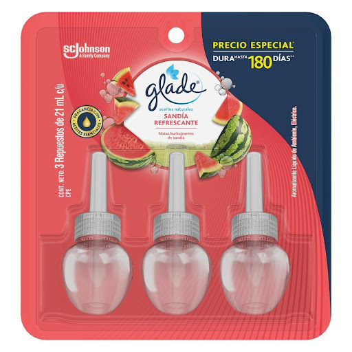 Ambientador Aceites Naturales Glade +3 Repuestos Sandía 21ml SCJ Ambientador aceites naturales x 3 repuestos GLADE SANDÍA REFRESCANTE. Fragancia inspirada en la bondad del aceite esencial y hecha con conciencia.  Disfruta de una explosión vibrante de frutas jugosas con su dulzura natural trae una sensación a