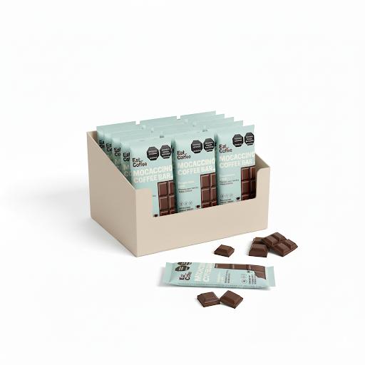 Box Mocaccino Coffee bar Eat Coffee Caja con barras individuales x 6 Indulgencia funcional en formato práctico. Esta caja contiene 6 unidades de Mocaccino Coffee Bar, una barra comestible de cacao y café