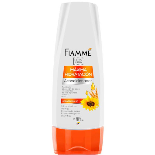 Acondicionador maxima hidratación x400ml Fiamme Botella x 1 Especial para cabellos secos y deshidratados, actúan en tres dimensiones: cuero cabelludo, folículo piloso y fibra capilar otorgando máxima hidratación.