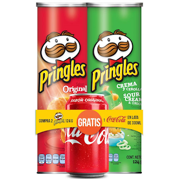 Papas Pringles Sabor Original + Pringles Cebolla 124 gr x 2 und + Coca Cola Original x 330 ml  