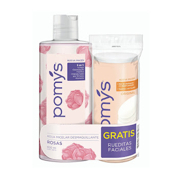 Agua Micelar Pomys Rosas Frasco x 400 ml y Gratis Rueditas Pomys Sensitive Bolsa x 80 und  