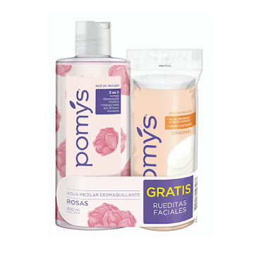 Agua Micelar Pomys Rosas Frasco x 400 ml y Gratis Rueditas Pomys Sensitive Bolsa x 80 und  