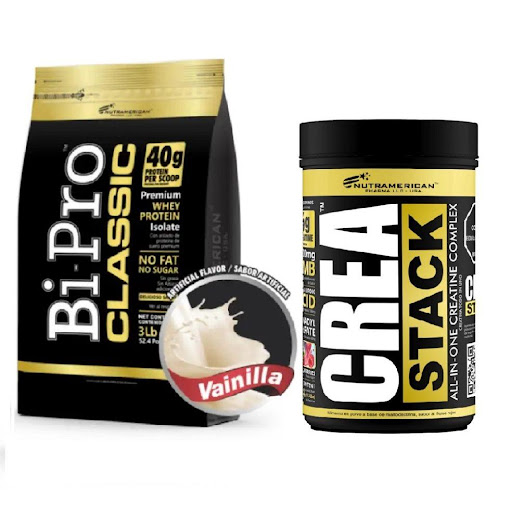 Combo Proteina Bipro Classic Vainilla 3 lb + Creatina Crea Stack 1.3 LB NUTRAMERICANPHARMA Tarro x 3 Lb (1362g) y 1.3 Lb (600g) Combo para para máxima fuerza y ​​volumen muscular, se compone de 1 Bipro Classic 2 lb, es una proteína de suero de alta pureza y concentración, con mínimos niveles de grasa y lactosa.1 Crea Stack, es