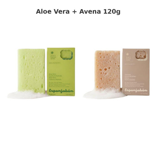 KIT X 2 Esponjabon Aloe Vera + Avena 120 gr (Aloe Vera 1 und y Avena 1 und) Esponjabon 120g x 1 Esponjábon elaborado con base de glicerina: exfolia, limpia, hidrata y suaviza la piel. Apto para todo tipo de piel, hipoalergénico y aprobado por dermatólogos. La esponja se activa al disolverse el j