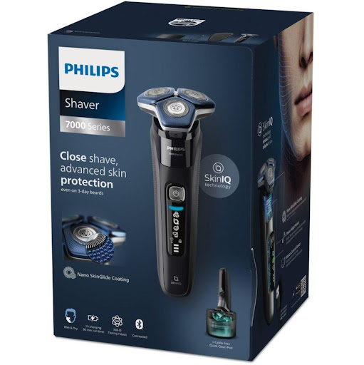 Afeitadora Eléctrica Wet & Dry Con Tecnología Skiniq S7000 Philips Caja x 1 Philips S7886/50 Series 7000: afeitadora eléctrica con cuchillas SteelPrecision, tecnología SkinIQ, cabezales 360°, uso en seco y húmedo, batería recargable y recortador integrado.