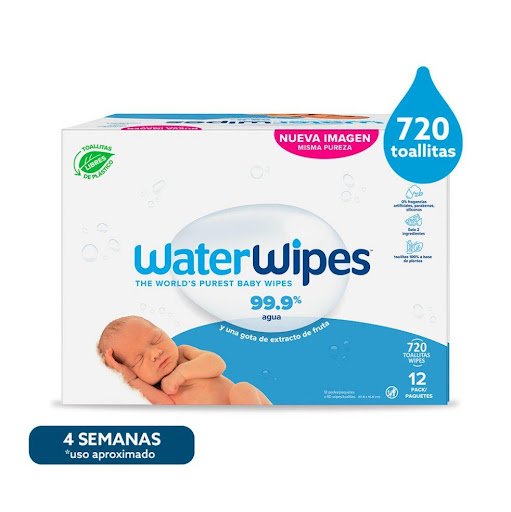 TOALLITAS HÚMEDAS SIN ALCOHOL WATERWIPES X720 UND.  WATERWIPES CAJA X 720 UND x 720 Las toallitas húmedas sin alcohol WaterWipes limpian y cuidan todo tipo piel ofreciendo una limpieza suave, efectiva y natural. Aptas para recién nacidos, prematuros, niños, adultos y desmaquillantes,
