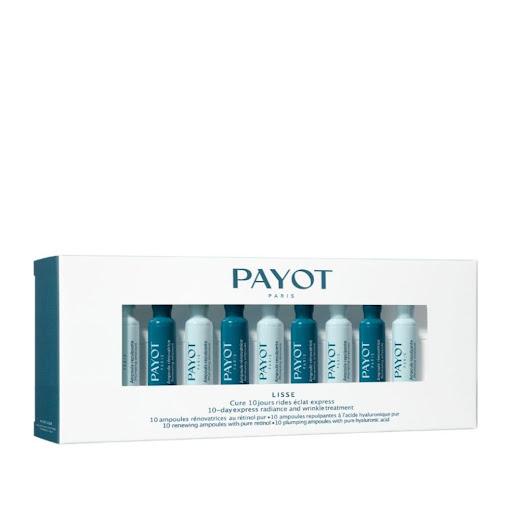 LISSE AMPOLLAS ANTI EDAD X10 DIA Y NOCHE CON RETINOL PAYOT caja x 1 Formulada para rellenar la piel, restaurar el brillo del cutis y mejorar la textura de la piel, la Cure 10 jours Rides Éclat Express se presenta en forma de 20 ampollas para usar por la mañana y por l