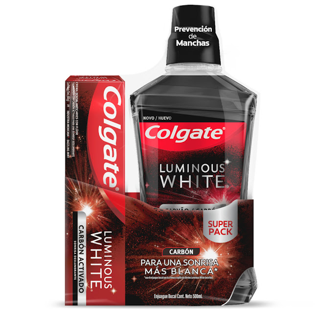 Enjuague Bucal carbón 500 ml + Crema Dental Colgate Blanqueadora Luminous Carbón Plástico x 75 ml  