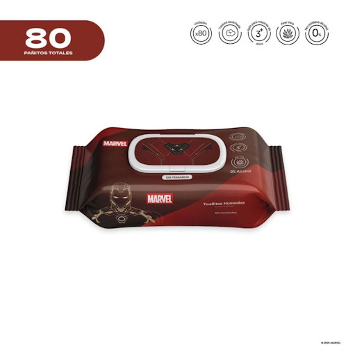 Pañitos Húmedos Marvel Cosmos Iron Man CMS COSMOS Flow-Packs x 80 Unidades Cada pañito húmedo ofrece una textura resistente pero a la vez delicada, brindando una suavidad similar a la de un cojín. Su fórmula no contiene alcohol y está elaborada a base de agua y extractos de 