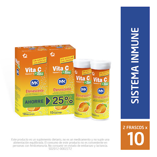 Vita C Ácido Ascórbico + Zinc 500mg/7,5mg MK Naranja 2 Frascos x 10 Tabletas