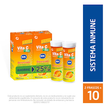 Vita C Ácido Ascórbico + Zinc 500mg/7,5mg MK Naranja 2 Frascos x 10 Tabletas  