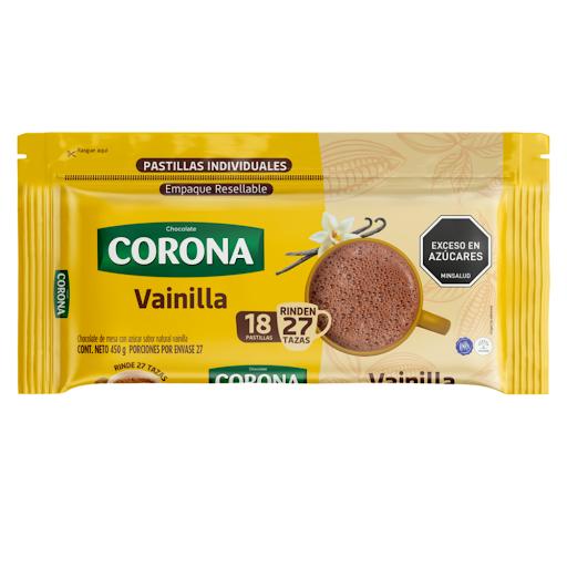Chocolate Corona Vainilla x 18 pastillas x 450 gr Corona Bolsa x 1 El Chocolate Corona sabor Vainilla, permite disfrutar de una  taza de chocolate espumosa y con el con el mejor sabor. alrededor de las historias, el cariño y los buenos momentos.