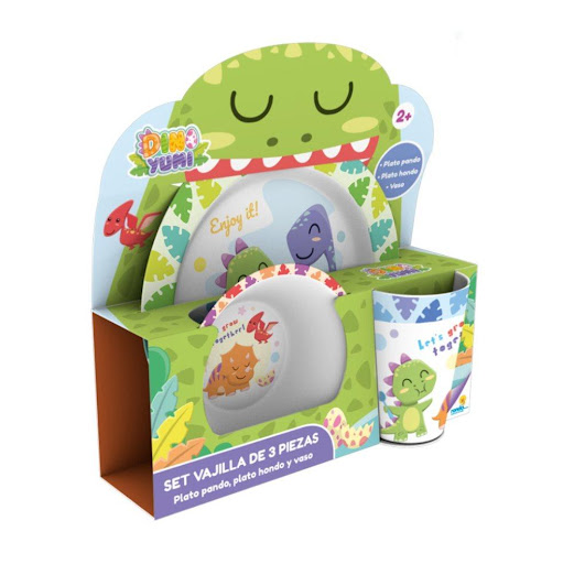 Set Melamina 3 Pzas Dino Yumi Ronda Ronda caja x 1 Viste tu mesa con nuestra vajilla de 3 pzas, los mejores personajes  ideal para armonizar tus espacios.Plato Pando  Niños Plato Hondo Niños 7 OzVaso Niños 12 Oz