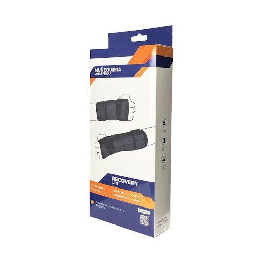 Muñequera Recovery Life 2 Ferula Larga Izquierda RECOVERY LIFE Individual x 1 Esta muñequera cuenta con una férula palmar dorsal que se extiende desde la parte inferior de la muñeca hasta la palma de la mano. Está diseñada para inmovilizar la muñeca en una posición neutra, lo q