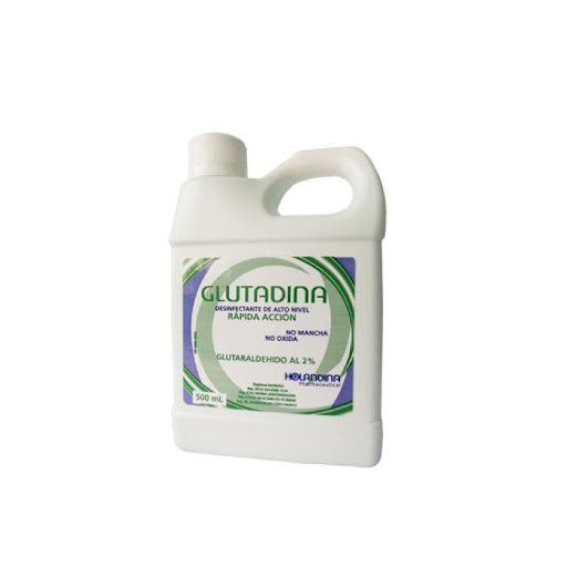 GLUTARALDEHIDO GLUTADINA X 500 ML HOLANDINA  x 1 El Glutadina 500 mL es un desinfectante de alto nivel a base de Glutaraldehído al 2%, especialmente indicado para la desinfección de instrumental quirúrgico y odontológico. Su fórmula es estable y no 