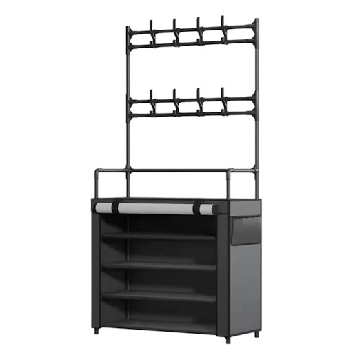 Organizador Con Ganchos Para Zapatos Bolsos Y Chaquetas UNIMARC Unidad x 1 Maximiza el orden de tu hogar con este práctico organizador multifuncional. Ideal para la entrada, la habitación o el clóset, cuenta con repisas espaciosas para zapatos, un módulo superior con ganchos