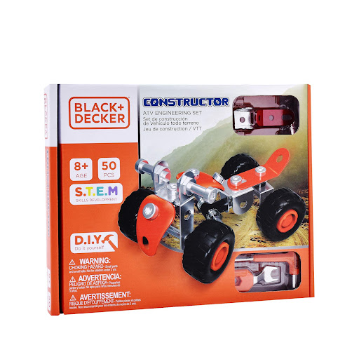 Kit Construye tu Propia Cuatrimoto Black+Decker Black+Decker Caja x 1 Explora terrenos salvajes y aventuras emocionantes con el Kit Construye tu Propia Cuatrimoto de BLACK+DECKER! Este set inspira la creatividad y la habilidad constructora de los niños mientras ensambla