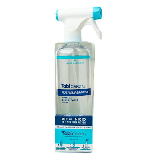 Multisuperficies Kit de inicio TABI CLEAN COLOMBIA Incluye botella reutilizable + 1 tableta x 1 Kit inicio 1 botella reutilizable + 1 tableta efervescente que rinde 500ml. Con poder desinfectante limpia vidrios, baños, cocina y más