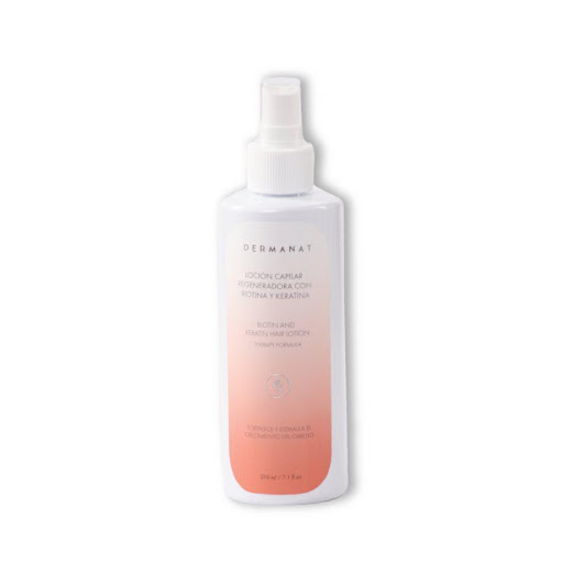 Loción Capilar Regeneradora Con Biotina y Keratina Dermanat 210 ml x 1 Fortalece los folículos pilosos del cuero cabelludo logrando un cabello fuerte y resistente, ayudando a prevenir la caída del cabello.