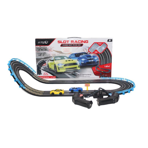 Pista Slot Racing Pilas Caja Plasticos Asociados  x 1 Es un juguete emocionante y educativo, fabricado en plástico resistente y seguro. Este set incluye una pista de carreras con diseño dinámico y carros que funcionan con pilas, ideal para recrear escena