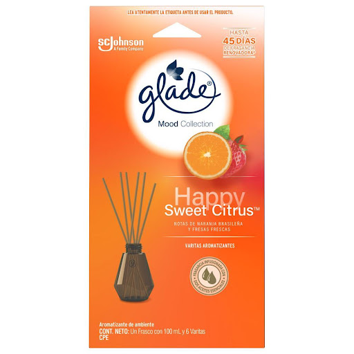 Varitas Aromatizantes X6 Glade Happy Sweet Citrus 100 ml SCJ Varitas Aromatizantes x 6 varitas Glade® Varitas  "Mood Collection" Descubre la nueva colección de Glade: Mood Collection, inspirada en fragancias únicas, pensadas exclusivamente para tu estado de ánimo y cualquier rutina de cuidado d