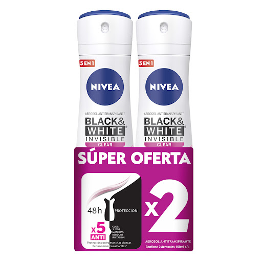 $Oferta Desodorante Nivea Clear Woman Invisible Balck & White Aerosol x 2Uni/150Ml c/u