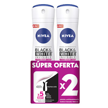 $Oferta Desodorante Nivea Clear Woman Invisible Balck & White Aerosol x 2Uni/150Ml c/u  