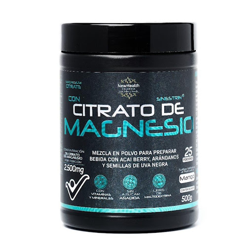 Citrato de Magnesio Mango NEWHEALTH x 500gr Newhealth Tarro x 500gr x 1 und Citrato de Magnesio sabor Mango es una mezcla en polvo para preparar bebidas con Acai Berry, Arándanos y Semillas de Uva Negra que ayudan a combatir el cansancio, ansiedad, dolores músculares, calambr