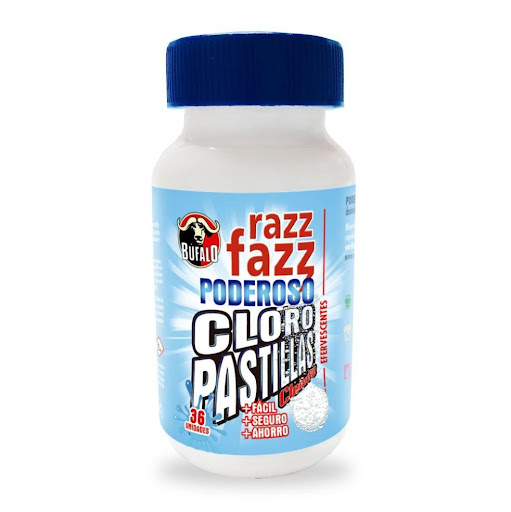 Cloro Pastillas Búfalo Frasco x 36 PCE BÚFALO Frasco x 1 Und Cloro pastillas efervescentes, útil en la limpieza y desinfección de pisos, paredes, cocinas y baños. Especial para el lavado de ropa blanca, elimina manchas sin amarillar la prenda. Tiene un alto pod