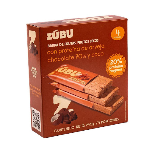 ZUBU ZUBU CAJA x 4 Barra proteína aislada de arveja, chocolate 70% y coco. Hecha con ingredientes naturales, sin conservantes, aporta energía y 20% de proteína en un snack delicioso y nutritivo.