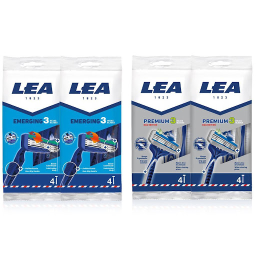 Pack x4 Lea Máquinas Emerging 3 Hojas Premium LEA Frasco x 4 Maquinilla triple hoja, con banda lubrificada con Aceite de Argán, Aloe Vera y Vitamina E, cabezal basculante que se adapta al contorno de la cara, para un apurado perfecto y hojas con geometría abier